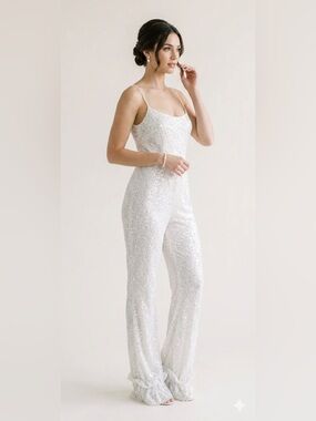 Hand Beaded Light Ivory Bridal Jumpsuit with Removable Sheer Sleeves.